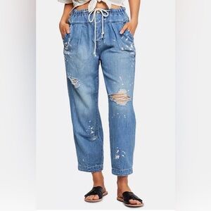 Free People Relaxed Distressed Blue Jeans with White Paint Accents